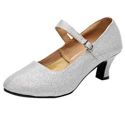 Damen Tanzschuhe Glitzer Knöchelriemen Mittelhohe Weicher Boden für Party Hochzeit, Standard Latein Tango Salsa Schuhe Klassische Pumps Elegante Brautschuhe Celucke (Silber, EU39) von Celucke Sandalette