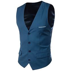 Celucke Anzugweste Herren Slim Fit Ärmellose Weste V-Ausschnitt Einreiher Gefälschte Tasche Herrenweste Elegant Hochzeit Weste Einfarbig Businessweste Formelle Smoking Weste(Blau,XXL) von Celucke