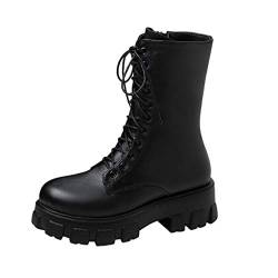 Celucke Biker Boots Damen Stiefeletten mit Blockabsatz und Reißverschluss, Klassische Winterstiefel im Military-Stil, Schnürstiefel Combat Boots (Schwarz, 40) von Celucke