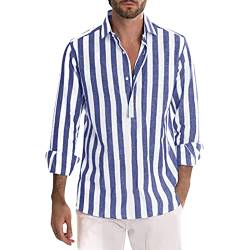Celucke Gestreiftes Hemd Herren Leinenhemd Langarm Henley Shirts Baumwolle Freizeithemd Sommer Casual Western Regular Fit(Blau,L) von Celucke