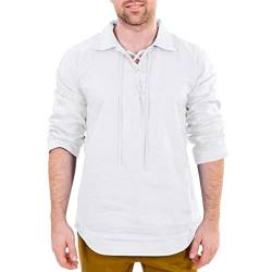 Celucke Herren Mittelalter Leinenhemd Sommer Herbst Hemden Langarm Retro-Kragen mit Schnürung, Männer Freizeithemd Casual Leinen Yoga Shirt Fisherman Sommerhemd (Weiß, XXL) von Celucke