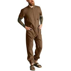 Celucke Jumpsuit Herren Overalls Männer Sommer T-Shirt Sommerjumpsuit mit Kordelzug Schlafanzug aus Baumwolle und Leinen Jogginganzug Trainingsanzug mit Mehreren Taschen Overall von Celucke