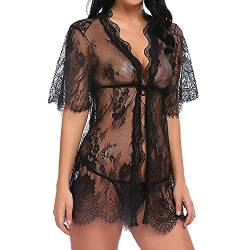 Celucke Kimono Spitzen Damen Kurze Robe Transparent Geschnürte Robe Reizwäsche Nachtwäsche Morgenmantel Bademantel Dessous Set mit Gürtel (Schwarz, S) von Celucke