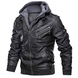 Celucke Lederjacke Herren Bikerjacke Kunstleder Bomberjacke mit Sweat-Kapuze, Männer Winterjacke Kapuzenjacke Vintage Übergangsjacke Steppjacke (Schwarz, 3XL) von Celucke