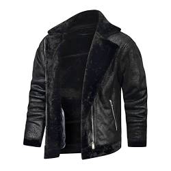 Celucke Lederjacke Herren Pilotenjacke gefütterter Winterjacke aus Kunstleder mit Kunstpelzfutter, Männer Vintage Jacke Bomberjacke Bikerjacke Übergangsjacke (Schwarz, XXL) von Celucke