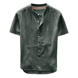 Celucke Leinenhemd Herren Kurzarm Henley Shirt Männer Einfarbig Freizeithemd Übergröße Sommer Casual Hemden Leichte Atmungsaktives Bequem Leinen Sommerhemden Loose Fit (Grün, L) von Celucke