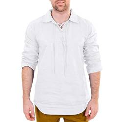 Celucke Leinenhemd Herren Mittelalter Hemd Langarm Reverskragen mit Schnürung, Freizeithemd Männer Yoga Shirt Fisherman Sommerhemd Casual Leinen Sommer Strand Leichte Atmungsaktives (Weiß, S) von Celucke