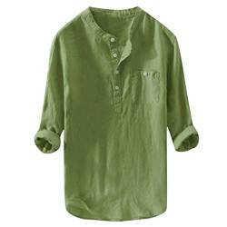 Celucke Leinenhemd Sommer Hemd Leinen Männer Henley Tasche Langarmhemd Sommer Stehkragen Freizeithemd Casual Hemden Leichte Leinen Atmungsaktive Bequem Sommerhemden Loose Shirt(Grün,4XL) von Celucke