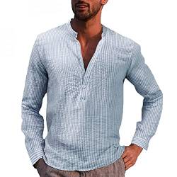 Celucke Leinenhemd Sommer Herren Henley Hemd Langarm Streifen Tasche Langarmhemd Stehkragen Freizeithemd Casual Hemden Leichte Leinen Atmungsaktive Bequem Sommerhemden Loose Shirt(Blau,XXL) von Celucke