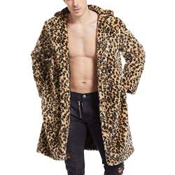 Celucke Mantel Herren Lang Pelzmantel Leopard Muster Kunst Felljacke, Winterjacke Männer Parka Kunstpelz Lange Jacke Faux Fur von Celucke