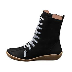 Celucke Stiefel Damen Retro Einfarbige Kurze Schnürstiefel Winterstiefel Klassische Stiefel Damenstiefel Mittelhohe Damenstiefeletten Bequeme Cowboystiefel Winterschuhe von Celucke