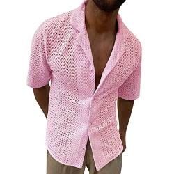 Celucke Strickhemd Herren Hohloberteil Sommer Aatmungsaktiv Hemd Männer Einfarbig Schlank Rever Hemden Kurzarm Lässig Freizeithemden Loose Shirt(Rosa,XXL) von Celucke