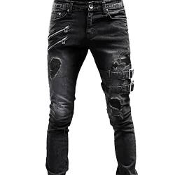 Celucke Zerrissene Jeans Slim Fit Herren Motorradjeans Lokomotive Löcher Persönlichkeit Jeanshose Freizeithose Motorrad-Jeans Motorrad Hose Motorradhose(Schwarz,XL) von Celucke