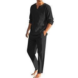 Celucke Zweiteiler Leinen Freizeitanzug Herren Leinenanzug Sommer 2-Teiliges Shirt Langarm und Strandhose aus Baumwolle und Leinen Hausanzug Jogginganzug Yoga Anzug (Black, L) von Celucke