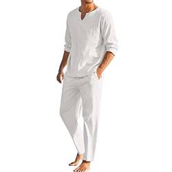 Celucke Zweiteiler Leinen Freizeitanzug Herren Leinenanzug Sommer 2-Teiliges Shirt Langarm und Strandhose aus Baumwolle und Leinen Hausanzug Jogginganzug Yoga Anzug (White, S) von Celucke