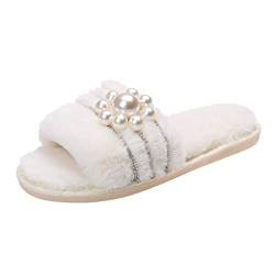 Hausschuhe Damen Plüsch Flache Schuhe mit Perle Pelzige Pantoffeln Winter Warme Slippers Indoor Rutschfest Mode Baumwollpantoffeln von Celucke