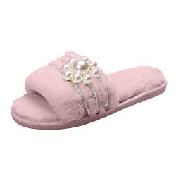 Hausschuhe Damen Plüsch Flache Schuhe mit Perle Pelzige Pantoffeln Winter Warme Slippers Indoor Rutschfest Mode Baumwollpantoffeln von Celucke