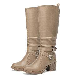 CentroPoint Damenmode Kniehohe Stiefel Blockabsatz Slouchy Boot Mandel Zehe Seite Reißverschluss Schnallen Winterschuhe, Khaki PU, 40.5 EU von CentroPoint