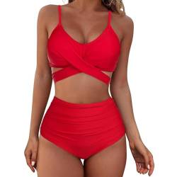 Century Star Bikini Damen Bauchweg Badeanzug High Waist Push Up Bikinis für Damen Verstellbarer Schultergurt Zweiteiliger Badeanzug Rote M von Century Star