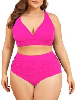 Century Star Bikini Damen Bauchweg Große Brüste Badeanzug V Ausschnitt Bademode Bauchkontrolle Bikini Sets High Waist Rosa L von Century Star