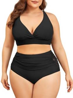 Century Star Bikini Damen Bauchweg Große Brüste Badeanzug V Ausschnitt Bademode Bauchkontrolle Bikini Sets High Waist Schwarze 2XL von Century Star