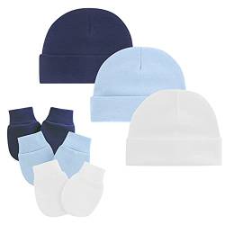 Century Star Neugeborenes Babymütze und Baby Handschuhe Set Baumwolle Beanie Unisex Mütze Baby Mädchen Jungen für 0-6 Monate 3er Set Weiß Hellblau und Navy von Century Star