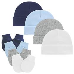 Century Star Neugeborenes Babymütze und Baby Handschuhe Set Baumwolle Beanie Unisex Mütze Baby Mädchen Jungen für 0-6 Monate 4er Set Weiß Hellblau Grau und Navy von Century Star