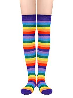 Century Star Overknees Strümpfe Damen Regenbogen Socken Damen Baumwolle Lange Gestreifte Socken Ringelsocken Kniestrümpfe Damen Lila Regenbogen von Century Star