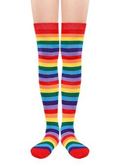 Century Star Overknees Strümpfe Damen Regenbogen Socken Damen Baumwolle Lange Gestreifte Socken Ringelsocken Kniestrümpfe Damen roter Regenbogen von Century Star