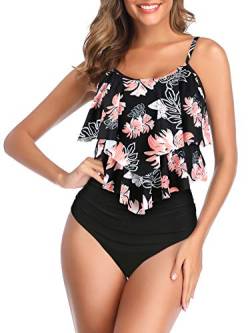 Century Star Tankini Damen Bauchweg Badeanzug Damen Bademode Set Damen Sommer Elegant Badeanzüge für Damen Tankini Oberteil mit Badeshorts Schwarze Rosa Blumen 36-38 von Century Star