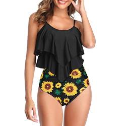 Century Star Tankini Damen Bauchweg Badeanzug Damen Bademode Set Damen Sommer Elegant Badeanzüge für Damen Tankini Oberteil mit Badeshorts Schwarze Sonnenblume 40-42 von Century Star