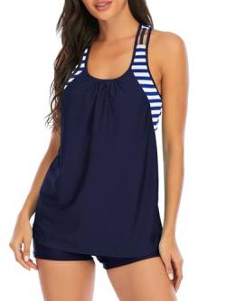 Century Star Tankini für Damen Set Badeanzug Bauchweg Badebekleidung mit Badehose Zweiteiliger Push up Große Größen Marineblau gestreift 36-38 von Century Star