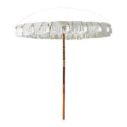 Cepewa Sonnenschirm Bali | 180cm Mangoholz Baumwolle braun weiß | Sonnenschutz Fransen Schirm Gartenschirm Dekoschirm von Cepewa
