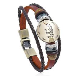 Cernomal 12 Sternbild-Armbänder – Punk-Mode-Paare-Schnalle, Mehrschichtiges Braunes Leder, 12 Sternzeichen-Armreif, Herren-Armband, Schmuck, Geschenkarmbänder, Jungfrau, Verstellbar von Cernomal