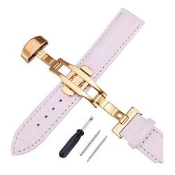 12mm-24mm Männer Frauen Uhrenarmbänder Alligator Textur Echtlederband Push-Haken Uhren Zubehör Gold Buckle Weiß, 14mm von Cerobit