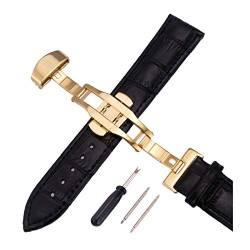 12mm-24mm Männer Frauen Uhrenarmbänder Alligator Textur Echtlederband Push-Haken Uhren Zubehör Gold Schnalle Schwarz, 16mm von Cerobit