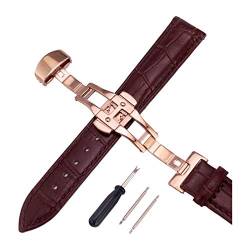 12mm-24mm Männer Frauen Uhrenarmbänder Alligator Textur Echtlederband Push-Haken Uhren Zubehör Roségold Buckle Kaffee, 22mm von Cerobit