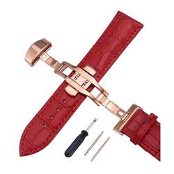 12mm-24mm Männer Frauen Uhrenarmbänder Alligator Textur Echtlederband Push-Haken Uhren Zubehör Roségold Buckle Red, 18mm von Cerobit