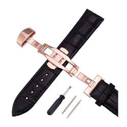 12mm-24mm Männer Frauen Uhrenarmbänder Alligator Textur Echtlederband Push-Haken Uhren Zubehör Rosegold Schnalle Schwarz, 18mm von Cerobit