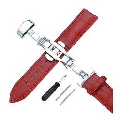 12mm-24mm Männer Frauen Uhrenarmbänder Alligator Textur Echtlederband Push-Haken Uhren Zubehör Silver Buckle Red, 22mm von Cerobit