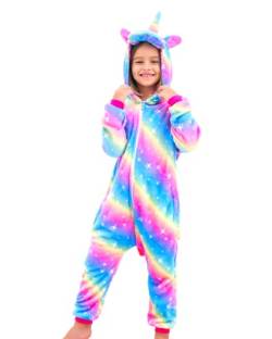 Ceruwum Einhorn Schlafoveralls für Mädchen Fleece Schlafanzug Einhorn Strampelanzug Onesie (Regenbogen, 7-8 Jahre) von Ceruwum