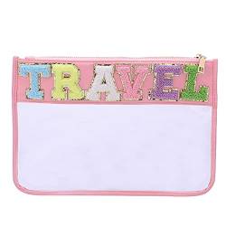 Chenille-Make-up-Taschen mit Buchstaben, transparent, mit Reißverschluss für Damen, 01-Travel Pink von Cessfle