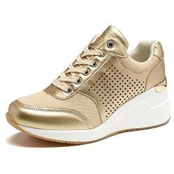 Cestfini Plateau Sneaker Keilabsatz Schuhe für Damen Tennisschuhe Freizeitschuhe Turnschuhe Wedges Sneaker & Sportschuhe für Damen W145-RT-DE-GOLD-36 von Cestfini