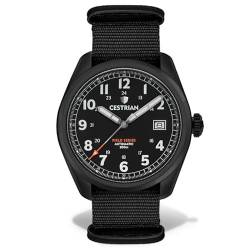 Cestrian Field Series Automatikuhr für Herren, schwarzes Zifferblatt, schwarzes PVD-Gehäuse, NATO-Armband, Militär-Stil, 200 m, CF121N5660, Schwarz , Armband von Cestrian