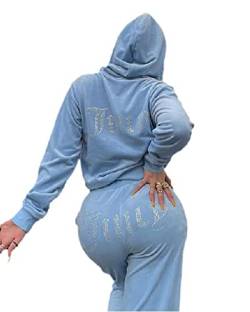 Chahuer Damenmode Samt Buchstabe Strass Trainingsanzug SetFull Zipper BM Hoodies & Jogger Hosen Zweiteiliges Set blau M von Chahuer
