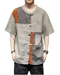 Herren Leinenhemd Mode Chinesischer Stil Knopf Stehkragen Hemd Sommer Neues Spleißen Tasche Großes Hemd grau S von Chahuer
