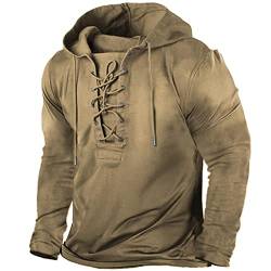 Herren Military Outdoor Tactical SchnürHoodie Oldschool Vintage Distressed Kapuzensweatshirt Khaki L von Chahuer