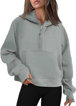 Trendiges Cropped Fleece Sweatshirt Für Damen Herbst Winter Einfarbig Loose Half Zipper Pullover Hoodies grau M von Chahuer