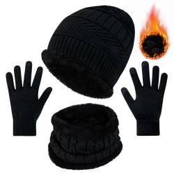 Chalier Cmfort WinterMütze Schal Touchscreen Handschuhe Set Unisex thermisch warm elastisch Nackenwärmer superweiche Strickmütze Outdoor Sport Handschuhe Set Geschenk für Herren und Damen MEHRWEG von Chalier Cmfort