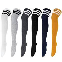 Chalier Cozy 6 Paar Kniestrümpfe Overknee Strümpfe Damen Lange Überknie Gestreifte Socken Thigh High Socks Lässige Hoch Booten Strümpfe Ingwergelb Schwarz Grauer Streifen von Chalier Cozy